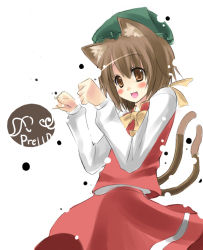 Rule 34 | 1girl, animal ears, blush, brown eyes, brown hair, cat ears, cat girl, cat tail, chen, female focus, hat, multiple tails, paw pose, prelld, short hair, solo, tail, touhou, white background
