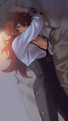 Rule 34 | 1boy, bed, bed sheet, black pants, cosplay, diluc (genshin impact), genshin impact, hair between eyes, high-waist pants, highres, kaeya (genshin impact), kaeya (genshin impact) (cosplay), long hair, long sleeves, looking at viewer, lying, male focus, nipples, on bed, on side, open clothes, pants, pillow, red eyes, red hair, sabi11riw, solo