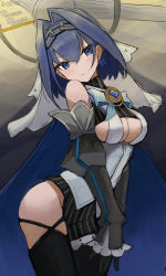 Rule 34 | 1girl, artist name, black gloves, blue eyes, blue hair, blush, bow, bowtie, breasts, cape, chain, cleavage cutout, clothing cutout, dated, detached sleeves, earrings, gloves, hair between eyes, hair intakes, hairband, halo, highres, hololive, hololive english, jewelry, large breasts, ouro kronii, ouro kronii (1st costume), pout, punished pigeon, short hair, solo, thighhighs, veil, virtual youtuber