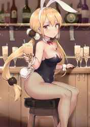 Rule 34 | 1girl, animal ears, bar stool, bare shoulders, blonde hair, blush, bow, bowtie, breasts, cleavage, commentary request, covered navel, detached collar, drink, fake animal ears, fishnet pantyhose, fishnets, from side, hairband, haoni, indoors, leotard, long hair, looking at viewer, low twintails, medium breasts, orange eyes, pantyhose, playboy bunny, rabbit ears, rabbit tail, sitting, solo, stool, twintails, unmoving pattern, wrist cuffs, xiaoyuan (you can eat the girl), you can eat the girl