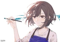Rule 34 | 1girl, bow, braid, brown eyes, brown hair, closed mouth, hair bow, highres, holding, holding paintbrush, mitasarenai pale color (project sekai), paint, paintbrush, project sekai, re kyu, shinonome ena, short hair, simple background, solo, sweater, upper body, white background