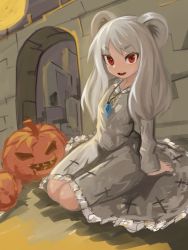 Rule 34 | 1girl, absurdres, alternate costume, alternate hair length, alternate hairstyle, animal ears, arch, commentary request, crystal, dress, full body, grey dress, grey hair, highres, jack-o&#039;-lantern, jewelry, lenserd, long sleeves, mouse ears, mouse girl, nazrin, open mouth, pendant, pumpkin, red eyes, smile, solo, touhou