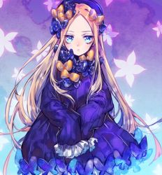 Rule 34 | 1girl, abigail williams (fate), black bow, black dress, black hat, blonde hair, blue eyes, bow, bug, butterfly, closed mouth, commentary request, dress, fate/grand order, fate (series), forehead, hair bow, hands in opposite sleeves, hat, hibarisann, highres, insect, long hair, long sleeves, looking at viewer, orange bow, own hands together, parted bangs, polka dot, polka dot bow, solo, very long hair