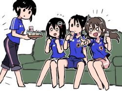 Rule 34 | 2018 fifa world cup, 4girls, alcohol, ashigara (kancolle), beer, cheering, couch, fifa, haguro (kancolle), kantai collection, long hair, multiple girls, myoukou (kancolle), nachi (kancolle), open mouth, side ponytail, snack, soccer, soccer uniform, sportswear, terrajin, world cup