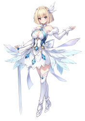 Rule 34 | 1girl, ballet boots, blonde hair, blue eyes, breasts, brown dust 2, cleavage cutout, clothing cutout, cross-laced footwear, dress, feather dress, feather hair ornament, feathers, gem, hair ornament, highres, holding, holding sword, holding weapon, justia (brown dust), leggings, light blush, looking at viewer, medium breasts, sebu illust, short hair, small horns, standing, strapless, strapless dress, sword, tachi-e, weapon, white leggings