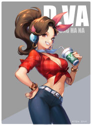 Rule 34 | 1girl, bangle, belt, belt buckle, blue pants, border, bracelet, brand name imitation, breasts, brown eyes, brown hair, buckle, byam, character name, cleavage, coffee cup, collarbone, contrapposto, cowboy shot, cruiser d.va, cup, d.va (overwatch), disposable cup, drinking straw, earrings, front-tie top, grey background, grey neckwear, grin, hand on own hip, head scarf, headphones, highres, holding, holding cup, hoop earrings, jewelry, long hair, looking at viewer, medium breasts, midriff, navel, overwatch, overwatch 1, pants, parted lips, pink lips, plaid, plaid shirt, ponytail, red shirt, shirt, short sleeves, simple background, sleeves rolled up, smile, solo, tight clothes, tight pants, unbuttoned, unbuttoned shirt, unmoving pattern, white belt, white border