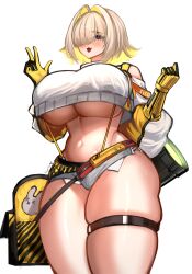 Rule 34 | 1girl, :d, absurdres, ahoge, black gloves, blonde hair, blush, breasts, clothing cutout, crop top, cropped sweater, elegg (nikke), exposed pocket, gloves, goddess of victory: nikke, grey shorts, hair intakes, hair over eyes, highres, huge breasts, long bangs, long sleeves, micro shorts, multicolored clothes, multicolored gloves, multicolored hair, navel, open mouth, purple eyes, reyarths, short hair, shorts, shoulder cutout, skindentation, smile, solo, suspender shorts, suspenders, thigh strap, thighs, two-tone hair, underboob, v, yellow gloves