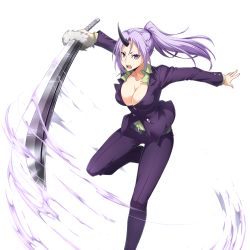 Rule 34 | action, attack, black horns, black horns, breasts, dark skin, green shirt, holding, holding weapon, horn, horns, jacket, large breasts, long hair, office lady, oni, oni girl, oni horn, oni horns, open clothes, pants, ponytail, purple eyes, purple hair, purple jacket, purple pants, shion (tensei shitara slime datta ken), shirt, single horn, sword, tensei shitara slime datta ken, transparent background, weapon