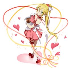 Rule 34 | 1girl, blonde hair, blush, breasts, cleavage, dress, frilled dress, frills, from above, full body, gloves, green eyes, hair ribbon, heart, high ponytail, index finger raised, large breasts, leafa, long hair, looking at viewer, one eye closed, parted lips, pink dress, pointy ears, ribbon, short dress, sleeveless, sleeveless dress, socks, solo, standing, strapless, strapless dress, sword art online, thigh strap, transparent background, very long hair, white gloves, white socks, wthie ribbon