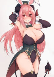 Rule 34 | 1girl, animal ears, armpits, arms up, black gloves, black leotard, blush, bow, bowtie, breasts, cleavage, clenched teeth, coattails, collarbone, commentary, covered navel, cross, cross earrings, demon girl, demon horns, demon tail, detached collar, dot nose, earrings, elbow gloves, fake animal ears, fake tail, gloves, gold trim, green bow, green bowtie, hair between eyes, hat, highleg, highleg leotard, highres, horns, huge breasts, jewelry, large breasts, leotard, long hair, looking at viewer, open mouth, original, pink eyes, pink hair, playboy bunny, rabbit tail, simple background, solo, stopwatch, strapless, strapless leotard, tail, teeth, toria (triazolamb), watch, white background, wrist cuffs