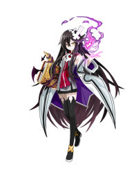 Rule 34 | 1girl, black hair, black thighhighs, book, boots, faust (makai shin trillion), fire, full body, harada takehito, long hair, makai shin trillion, makaijin trillion, nanameda kei, necktie, official art, skirt, solo, standing, thigh boots, thighhighs, white background, yellow eyes