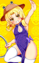Rule 34 | 1girl, armpits, bare arms, bare hips, blonde hair, breasts, chakram, china dress, chinese clothes, daichi (tokoya), dress, grin, hat, highres, lips, moriya suwako, no panties, pelvic curtain, purple dress, quipao, sidelocks, small breasts, smile, solo, thighhighs, touhou, weapon, white thighhighs, wide hips, yellow eyes