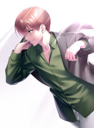 Rule 34 | 1boy, black jacket, brown hair, casual, commentary request, cowboy shot, dress shirt, dressing, eyelashes, from side, green shirt, hair between eyes, hand up, hands up, jacket, light rays, lips, little busters!, long sleeves, male focus, natsume kyousuke, nose, open clothes, open jacket, parted lips, profile, red eyes, shirt, short hair, simple background, smile, solo, standing, white background, zen (kamuro)
