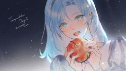 Rule 34 | 1girl, absurdres, apple, blue hair, blue nails, dress, food, fruit, genderswap, green eyes, highres, holding, holding food, holding fruit, holostars, holostars english, looking at viewer, open mouth, regis altare, rm-parfait, solo