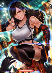 Rule 34 | 1girl, arm guards, armpits, bike shorts, black skirt, blurry, blurry background, brown eyes, clenched hand, earrings, elbow gloves, fighting stance, final fantasy, final fantasy vii, final fantasy vii remake, fingerless gloves, gloves, jewelry, knee up, lens flare, long hair, looking at viewer, low-tied long hair, magion02, midriff, miniskirt, red footwear, shirt, shorts, shorts under skirt, skirt, smile, solo, suspender skirt, suspenders, sweat, tank top, taut clothes, taut shirt, thighhighs, tifa lockhart