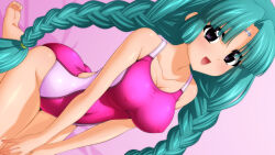 Rule 34 | 1girl, absurdres, aqua hair, barefoot, braid, breasts, canal vorfeed, cleavage, collarbone, competition swimsuit, covered erect nipples, covered navel, dutch angle, facial mark, forehead mark, highres, large breasts, looking at viewer, lost universe, multicolored clothes, multicolored swimsuit, one-piece swimsuit, pink one-piece swimsuit, purple eyes, seiza, sitting, solo, sugimura tomokazu, swimsuit, twin braids, v arms
