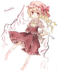 Rule 34 | 1girl, ascot, back bow, blonde hair, bow, character name, closed mouth, collared shirt, commentary request, flandre scarlet, frilled ascot, frilled shirt collar, frills, hat, hat ribbon, highres, joou heika (precare deum), light smile, long hair, looking at viewer, mob cap, no shoes, one side up, pink hat, puffy short sleeves, puffy sleeves, red eyes, red ribbon, red skirt, red vest, ribbon, shirt, short sleeves, simple background, skirt, skirt set, socks, solo, touhou, vest, white background, white bow, white shirt, wings, yellow ascot