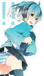 Rule 34 | 1girl, ahoge, assisted exposure, bad id, bad pixiv id, bandages, blue eyes, blue hair, blue panties, blush, clothes lift, cursor, ene (kagerou project), headphones, highres, hinakiki, hood, hoodie, kagerou project, matching hair/eyes, open mouth, oversized clothes, panties, pantyshot, print panties, short hair, skirt, skirt lift, solo, striped clothes, striped panties, thighhighs, twintails, underwear, upskirt