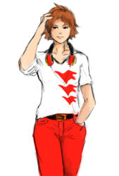 Rule 34 | 1boy, atlus, brown hair, casual, hanamura yousuke, hand in pocket, headphones, male focus, midnight osll, pants, persona, persona 4, shirt, solo, t-shirt