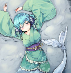 Rule 34 | 1girl, asa (ces6ces8), blue eyes, blue hair, blush, breasts, commentary, drill hair, embarrassed, fins, fish tail, from above, green kimono, head fins, highres, japanese clothes, kimono, large breasts, lips, long sleeves, looking up, lying, mermaid, monster girl, obi, sash, solo, tail, touhou, wakasagihime, wide sleeves