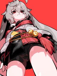 Rule 34 | 1girl, absurdres, ahoge, bell, bike shorts, black bra, black gloves, black shorts, bra, breasts, closed mouth, fingerless gloves, from below, frown, gloves, grey hair, hair between eyes, highres, japanese clothes, k.tomato, kimono, long hair, long sleeves, looking at viewer, medium breasts, obi, off shoulder, original, pleated skirt, red background, red eyes, red skirt, sash, shorts, simple background, skirt, solo, twintails, underwear