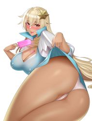 Rule 34 | 1girl, absurdres, alternate costume, ass, ass focus, blonde hair, blue dress, blush, breasts, brown cape, brown scarf, cape, cleavage, clothes lift, commission, commissioner upload, dark-skinned female, dark skin, demotori, dress, dress lift, fire emblem, fire emblem: the binding blade, flashing, food, food on body, food on breasts, groin, hair ornament, high collar, highres, ice cream, igrene (fire emblem), large breasts, long hair, looking at viewer, lying, mature female, melting, nintendo, non-web source, open mouth, popsicle stick, scarf, short dress, skirt, skirt lift, smile, snowflake hair ornament, solo, thighs, tongue, tongue out, transparent background, yellow eyes