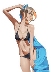 Rule 34 | 1girl, absurdres, arm up, bare shoulders, bikini, black bikini, breasts, cleavage, cloth, colored inner hair, hair between eyes, highres, holding cloth, light brown hair, looking at viewer, medium breasts, midriff, multicolored hair, navel, original, simple background, skinny, solo, swimsuit, tbocart, thigh gap, toned, two-tone hair, white background, yellow eyes