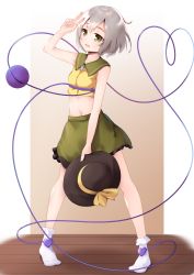Rule 34 | 1girl, absurdres, arm up, bare shoulders, black hat, border, bow, breasts, brown background, collar, crystal, floor, green eyes, green skirt, grey hair, hair between eyes, hand up, hat, hat bow, heart, heart-shaped pupils, highres, jewelry, komeiji koishi, looking at viewer, mantou xiang, medium breasts, no headwear, no shoes, open mouth, shirt, short hair, simple background, skirt, sleeveless, smile, socks, solo, standing, symbol-shaped pupils, third eye, touhou, unworn hat, unworn headwear, v, wall, white border, white socks, wooden floor, yellow bow, yellow shirt