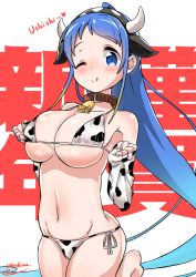 Rule 34 | 1girl, animal ears, animal print, artist name, bell, blue eyes, blue hair, blush, breasts, closed mouth, collarbone, cow ears, cow girl, cow horns, cow print, cowbell, groin, happy new year, heart, horns, kantai collection, large breasts, long hair, military, military uniform, naval uniform, new year, one eye closed, samidare (kancolle), signature, smile, solo, tongue, tongue out, uniform, very long hair, white background, yokoshima (euphoria)