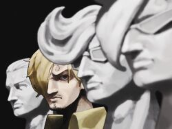 Rule 34 | 4boys, blonde hair, collared shirt, curly eyebrows, facial hair, frown, gloom (expression), goatee, highres, iam san3, looking ahead, looking at viewer, male focus, marble (stone), marble sculpture, multiple boys, mustache stubble, one piece, quadruplets, sanji (one piece), serious, shirt, short hair, statue, stubble, sunglasses, symbolism, upper body, vinsmoke ichiji, vinsmoke niji, vinsmoke yonji