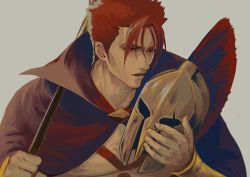 Rule 34 | 1boy, cape, fate/grand order, fate (series), helmet, holding, holding helmet, iduhara jugo, leonidas (fate), looking to the side, male focus, manly, muscular, open mouth, polearm, red hair, solo, spear, tattoo, upper body, weapon