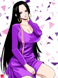 Rule 34 | 1girl, artist request, black hair, blue eyes, boa hancock, breasts, cleavage, highres, large breasts, long hair, looking at viewer, one piece, parted lips, sitting, solo