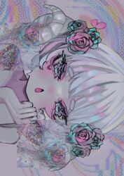 Rule 34 | 1girl, abstract background, aqua eyes, aqua flower, aqua rose, chestnut mouth, curled horns, dripping, flower, glitch, hair flower, hair ornament, hand up, highres, horizontal pupils, horns, open mouth, original, pink flower, pink rose, portrait, rose, sheep horns, shiona (siona0625), short hair, sideways, solo, white hair