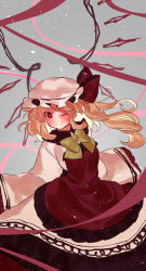 Rule 34 | 1girl, ;), alternate costume, blonde hair, bow, bowtie, closed mouth, flandre scarlet, hat, hat bow, highres, long hair, looking at viewer, masanaga (tsukasa), mob cap, one eye closed, red bow, red eyes, side ponytail, sleeves past fingers, sleeves past wrists, smile, solo, touhou, white hat, yellow bow, yellow bowtie