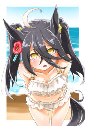 Rule 34 | 1girl, ahoge, animal ears, arms behind back, bare shoulders, bikini, black hair, blush, breasts, day, feet out of frame, frilled bikini, frills, groin, hair between eyes, highres, horizon, horse ears, horse girl, horse tail, leaning forward, long hair, looking at viewer, manhattan cafe (umamusume), multicolored hair, navel, ocean, open mouth, outdoors, punto, small breasts, solo, standing, streaked hair, swimsuit, tail, twintails, umamusume, water, white bikini, yellow eyes