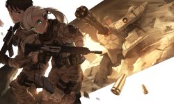 Rule 34 | 1boy, 1girl, action, assault rifle, belt, belt pouch, blonde hair, blue eyes, boots, brown hair, camouflage, carv, casing ejection, closed mouth, desert camouflage, desert camouflage, dutch angle, earpiece, eotech, gatling gun, gloves, glowing, glowing eyes, gun, h&amp;k hk416, heckler &amp; koch, knee pads, load bearing vest, long hair, mecha, military, military uniform, open mouth, original, ponytail, pouch, projected inset, rifle, robot, rubble, scope, shell casing, short hair, sleeves rolled up, thigh strap, uniform, walker (robot), weapon, white background