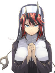 Rule 34 | 1girl, alternate costume, black hair, black nails, blue eyes, breasts, closed mouth, commentary request, dated, demon girl, demon horns, demon tail, ear piercing, grey horns, habit, hair between eyes, highres, horns, interlocked fingers, jewelry, kichihachi, large breasts, looking at viewer, multicolored hair, nail polish, nanashi inc., nun, own hands together, piercing, pointy ears, red hair, ring, ryugasaki rene, simple background, smile, solo, sugar lyric, tail, traditional nun, twitter username, two-tone hair, upper body, virtual youtuber, white background