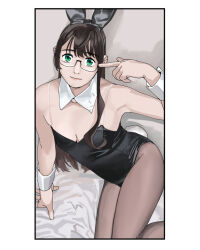 Rule 34 | 1girl, animal ears, black hair, black leotard, black pantyhose, breasts, cleavage, detached collar, fake animal ears, glasses, green eyes, highres, kantai collection, leotard, long hair, ojipon, ooyodo (kancolle), pantyhose, playboy bunny, pointing, pointing at self, rabbit ears, rabbit tail, small breasts, solo, strapless, strapless leotard, tail, wrist cuffs