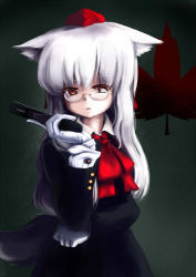 Rule 34 | 1girl, alternate hair length, alternate hairstyle, animal ears, ascot, bespectacled, cosplay, female focus, glasses, gloves, gun, hat, hellsing, highres, integra hellsing, integra hellsing (cosplay), inubashiri momiji, leaf, long hair, maple leaf, open mouth, red eyes, solo, tail, tokin hat, touhou, tsubasa (abchipika), weapon, white gloves, white hair, wolf ears, wolf tail