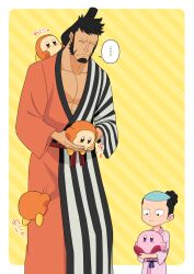 Rule 34 | ..., 5boys, :o, black hair, closed eyes, closed mouth, commentary request, crossover, facial hair, goatee, hasami (hasami25), high ponytail, holding, japanese clothes, kinemon, kirby, kirby (series), kouzuki momonosuke, long sideburns, male focus, multiple boys, nintendo, one piece, ponytail, short hair, sideburns, topknot, traditional clothes, waddle dee