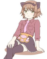 Rule 34 | 1girl, animal ears, brown hair, cat ears, closed mouth, crossed legs, frown, green eyes, hairband, looking at viewer, lowres, necktie, paw print, rita mordio, sensaki chihiro, short hair, simple background, skirt, solo, tales of (series), tales of vesperia, thighhighs, white background