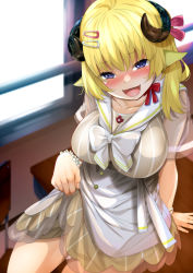 Rule 34 | 1girl, ahoge, animal ears, blonde hair, blush, bow, bowtie, breasts, choker, clothes lift, collarbone, dress, dress lift, fumihiko (fu mihi ko), hair ornament, hairclip, highres, hololive, horns, large breasts, long hair, looking at viewer, open clothes, open mouth, purple eyes, red ribbon, ribbon, ribbon choker, sailor collar, sheep ears, sheep girl, sheep horns, short sleeves, side ponytail, sitting, solo, tsunomaki watame, tsunomaki watame (street casual), virtual youtuber, white bow, white bowtie, white sailor collar