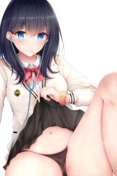 Rule 34 | 10s, 1girl, absurdres, black skirt, blue eyes, blue hair, blush, bow, brown panties, cameltoe, cardigan, closed mouth, clothes lift, collared shirt, commentary request, earbuds, earphones, endsmall min, gridman universe, hair between eyes, highres, lifted by self, long hair, long sleeves, looking at viewer, mouth hold, navel, orange scrunchie, panties, pleated skirt, red bow, scrunchie, shirt, simple background, skirt, skirt lift, solo, ssss.gridman, takarada rikka, underwear, white background, white cardigan, white shirt, wrist scrunchie