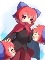 Rule 34 | 1girl, :d, black shirt, bow, cloak, cowboy shot, disembodied head, closed eyes, hair bow, headpat, highres, koruk700, looking at another, looking at viewer, multiple heads, open mouth, purple bow, red eyes, red hair, red skirt, sekibanki, sekibanki day, shirt, short hair, skirt, smile, solo, standing, touhou