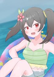 Rule 34 | 1girl, artist name, artist request, bare legs, bare shoulders, bikini, black hair, blue sky, blush, bow, bracelet, breasts, cleavage, cloud, collarbone, earrings, female focus, floating hair, flower, gomi shan (pixiv17512859), green bikini, hair bobbles, hair bow, hair flower, hair ornament, hibiscus, innertube, jewelry, long hair, looking at viewer, love live!, love live! school idol project, natsuiro egao de 1 2 jump!, navel, necklace, outdoors, pearl necklace, red eyes, red flower, short hair, sky, small breasts, smile, solo, star (symbol), star earrings, striped bikini, striped clothes, swim ring, swimsuit, twintails, yazawa nico