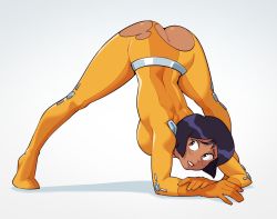 Rule 34 | 1girl, alex (totally spies), arm rest, ass, black hair, bodysuit, crotchless, dark-skinned female, dark skin, flexible, full body, highres, jack-o&#039; challenge, meme, no panties, short hair, simple background, skin tight, solo, spread legs, suoiresnu, top-down bottom-up, torn bodysuit, torn clothes, totally spies, white background, wide spread legs