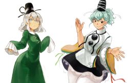 Rule 34 | 2girls, alternate hairstyle, cosplay, costume switch, cowboy shot, dress, eyebrows, ghost tail, green dress, green hair, hair between eyes, hat, highres, japanese clothes, kariginu, looking at viewer, miniskirt, mononobe no futo, mononobe no futo (cosplay), multiple girls, pom pom (clothes), ponytail, pororikin, short hair, grey eyes, silver hair, simple background, skirt, sleeves past wrists, smile, soga no tojiko, soga no tojiko (cosplay), tate eboshi, thick eyebrows, touhou, white background, wide sleeves