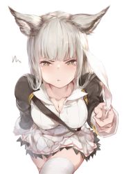 Rule 34 | 10s, 1girl, :t, alternate costume, animal ears, bent over, between breasts, blunt bangs, breasts, cat ears, erune, feathers, frown, granblue fantasy, hana mori, highres, korwa, long hair, pout, silver hair, skirt, solo, strap between breasts, sulking, tears, thighhighs, zettai ryouiki