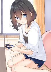 Rule 34 | 1girl, barefoot, black hair, blue eyes, blue shorts, blush, collarbone, commentary request, controller, curtains, day, flying sweatdrops, game controller, glass table, hair between eyes, highres, holding, indoors, looking at viewer, open mouth, original, shirt, short shorts, short sleeves, shorts, sitting, solo, sunlight, suzunari shizuku, table, wariza, white shirt, yuki arare