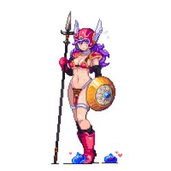 Rule 34 | 1girl, armor, bikini armor, blue eyes, breasts, cleavage, dragon quest, dragon quest iii, elbow gloves, gloves, halberd, helmet, large breasts, long hair, lowres, navel, pixel art, polearm, purple hair, red armor, revealing clothes, shield, shirosu, slime (creature), slime (dragon quest), soldier (dq3), solo, square enix, weapon, winged helmet